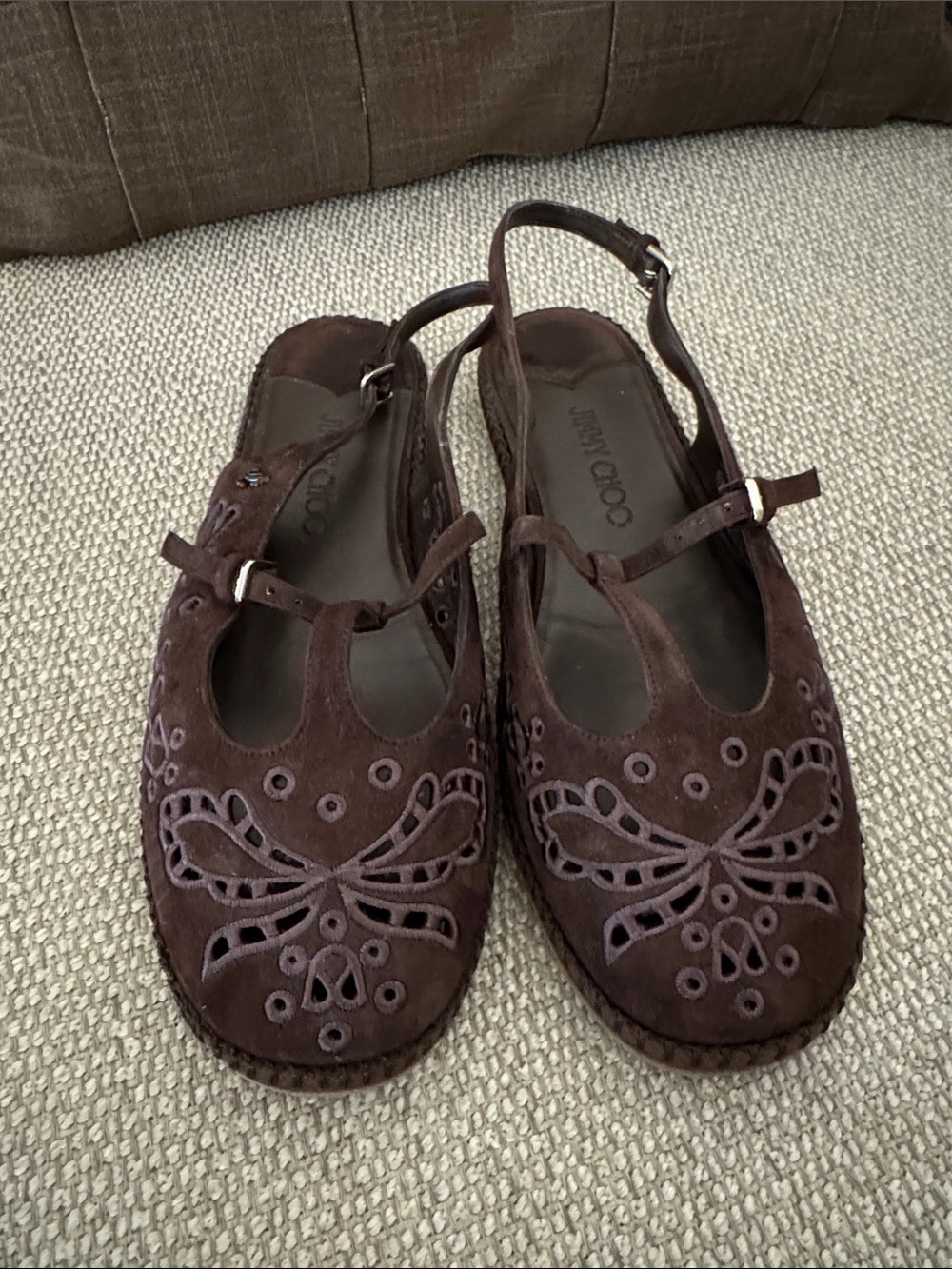 Jimmy Choo Brown Suede Embroidered Slingback Mules